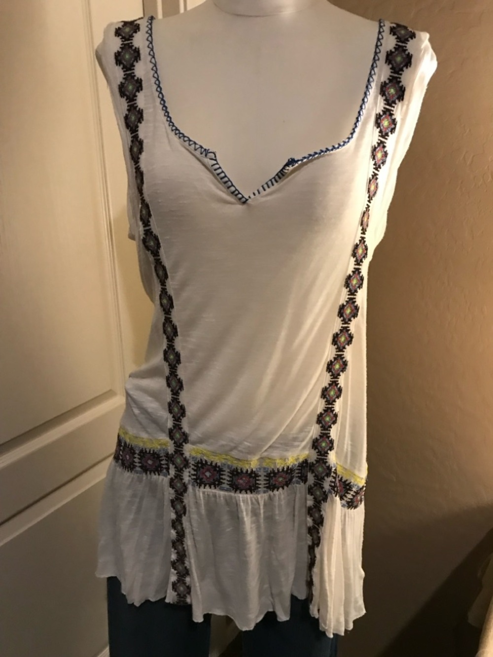 Free People White Tunic with Multicolor Embroidered Trim